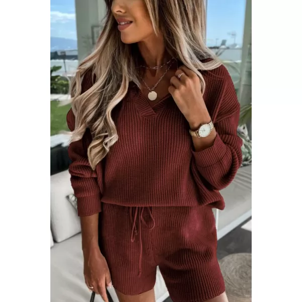 PRETTYGARDEN Womens 2 Piece Outfits 2024 Winter Long Sleeve V Neck Knit Pullover And Shorts Sweater Tracksuit SetsCaramel