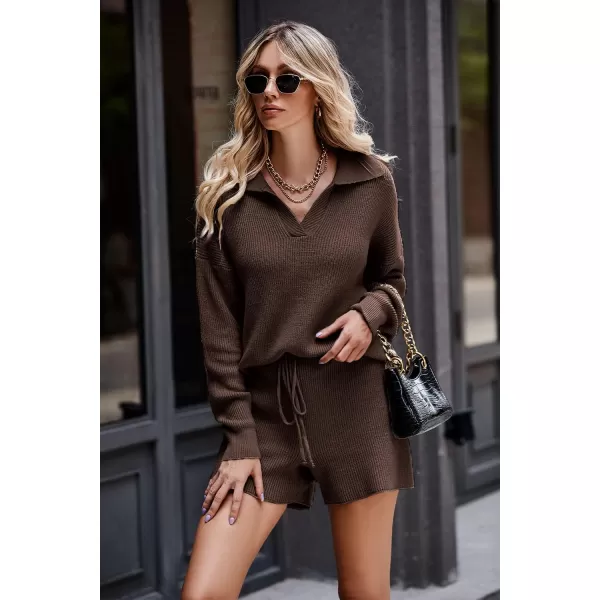 PRETTYGARDEN Womens 2 Piece Outfits 2024 Winter Long Sleeve V Neck Knit Pullover And Shorts Sweater Tracksuit SetsCoffee