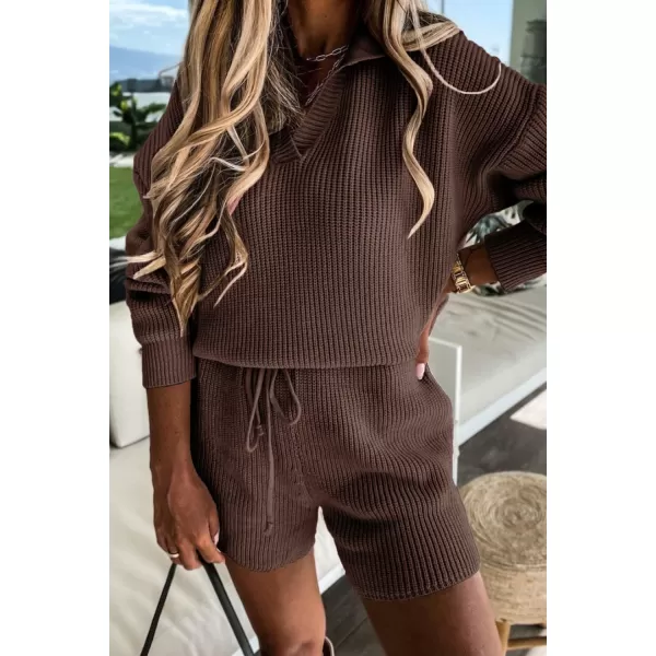 PRETTYGARDEN Womens 2 Piece Outfits 2024 Winter Long Sleeve V Neck Knit Pullover And Shorts Sweater Tracksuit SetsCoffee