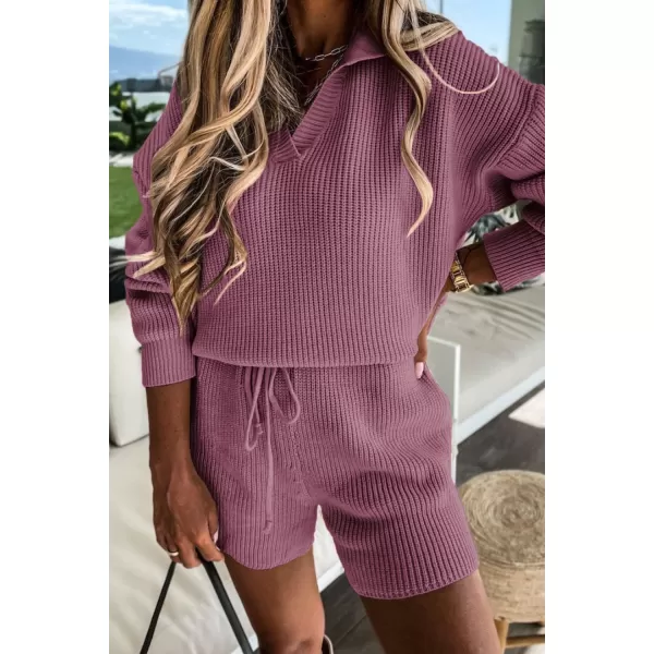 PRETTYGARDEN Womens 2 Piece Outfits 2024 Winter Long Sleeve V Neck Knit Pullover And Shorts Sweater Tracksuit SetsDusty Pink