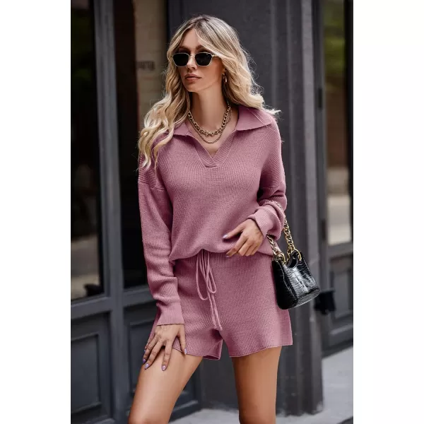 PRETTYGARDEN Womens 2 Piece Outfits 2024 Winter Long Sleeve V Neck Knit Pullover And Shorts Sweater Tracksuit SetsDusty Pink