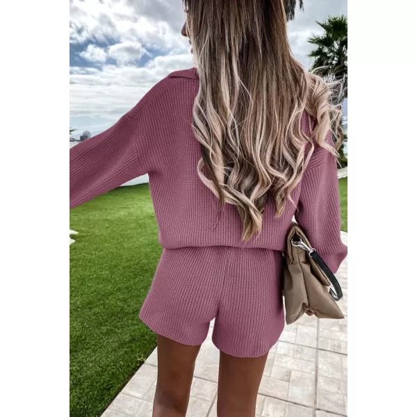 PRETTYGARDEN Womens 2 Piece Outfits 2024 Winter Long Sleeve V Neck Knit Pullover And Shorts Sweater Tracksuit SetsDusty Pink