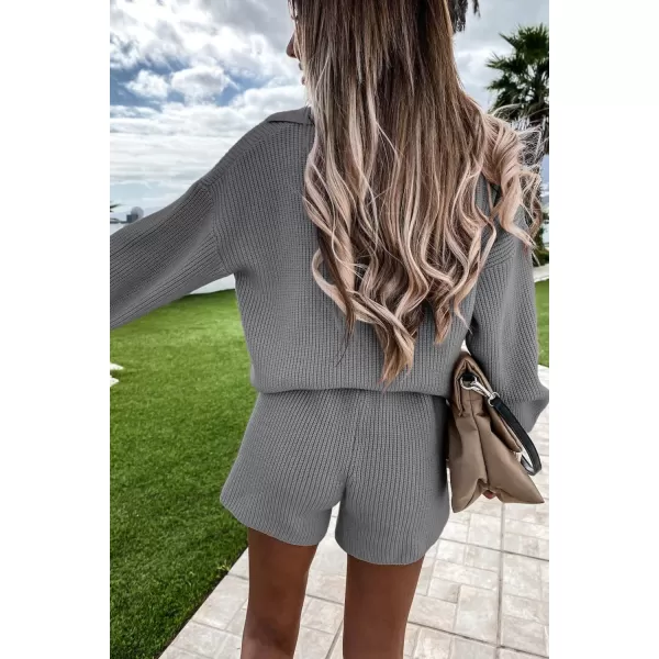 PRETTYGARDEN Womens 2 Piece Outfits 2024 Winter Long Sleeve V Neck Knit Pullover And Shorts Sweater Tracksuit SetsGrey