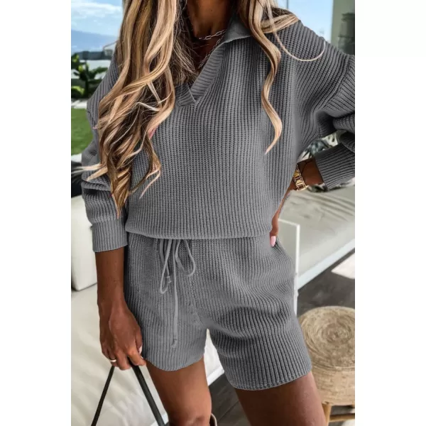 PRETTYGARDEN Womens 2 Piece Outfits 2024 Winter Long Sleeve V Neck Knit Pullover And Shorts Sweater Tracksuit SetsGrey