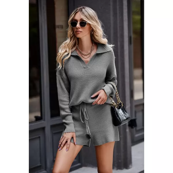 PRETTYGARDEN Womens 2 Piece Outfits 2024 Winter Long Sleeve V Neck Knit Pullover And Shorts Sweater Tracksuit SetsGrey