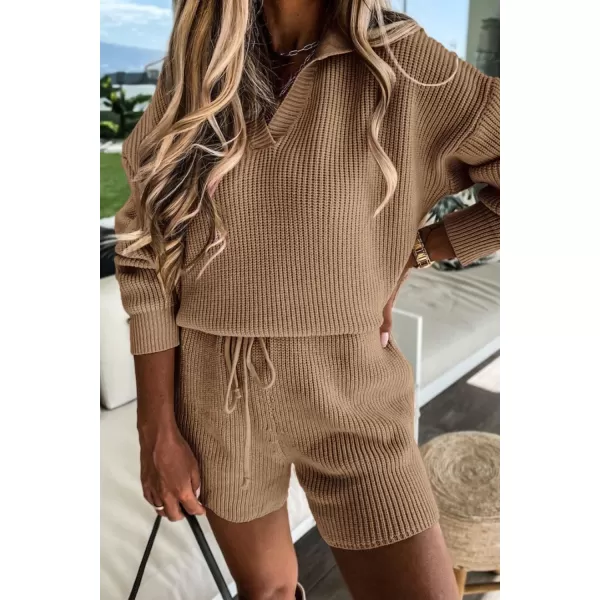 PRETTYGARDEN Womens 2 Piece Outfits 2024 Winter Long Sleeve V Neck Knit Pullover And Shorts Sweater Tracksuit SetsKhaki