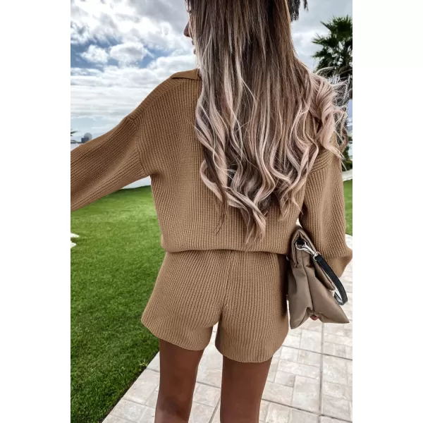 PRETTYGARDEN Womens 2 Piece Outfits 2024 Winter Long Sleeve V Neck Knit Pullover And Shorts Sweater Tracksuit SetsKhaki