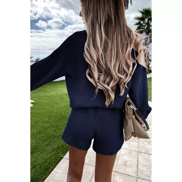 PRETTYGARDEN Womens 2 Piece Outfits 2024 Winter Long Sleeve V Neck Knit Pullover And Shorts Sweater Tracksuit SetsNavy