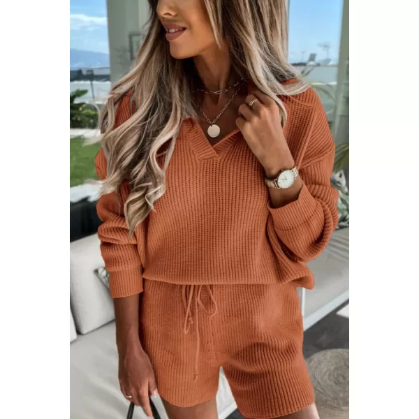 PRETTYGARDEN Womens 2 Piece Outfits 2024 Winter Long Sleeve V Neck Knit Pullover And Shorts Sweater Tracksuit SetsOrange
