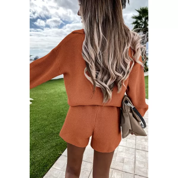 PRETTYGARDEN Womens 2 Piece Outfits 2024 Winter Long Sleeve V Neck Knit Pullover And Shorts Sweater Tracksuit SetsOrange