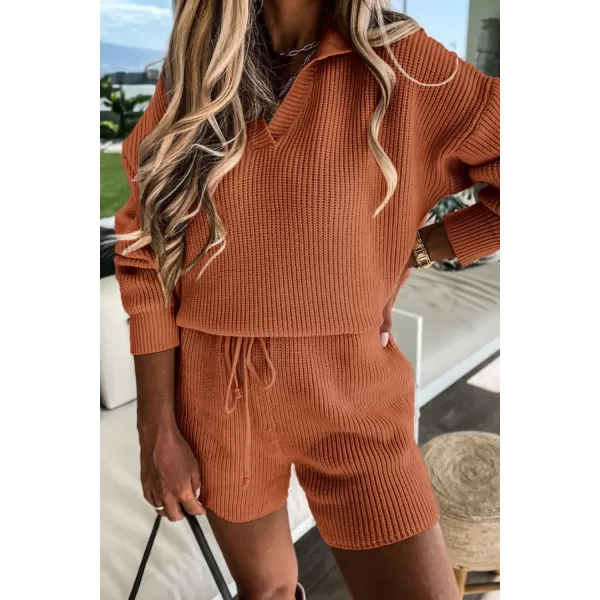 PRETTYGARDEN Womens 2 Piece Outfits 2024 Winter Long Sleeve V Neck Knit Pullover And Shorts Sweater Tracksuit SetsOrange