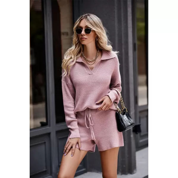 PRETTYGARDEN Womens 2 Piece Outfits 2024 Winter Long Sleeve V Neck Knit Pullover And Shorts Sweater Tracksuit SetsPink