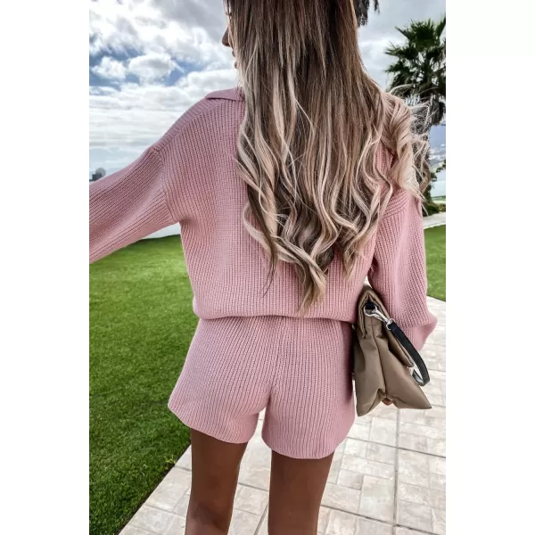 PRETTYGARDEN Womens 2 Piece Outfits 2024 Winter Long Sleeve V Neck Knit Pullover And Shorts Sweater Tracksuit SetsPink