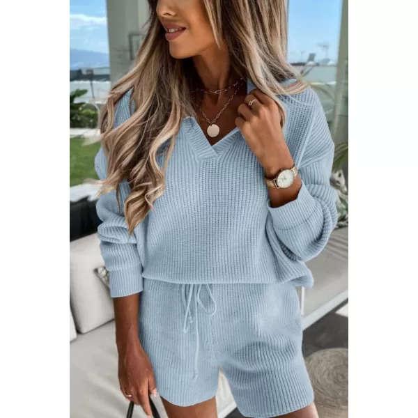 PRETTYGARDEN Womens 2 Piece Outfits 2024 Winter Long Sleeve V Neck Knit Pullover And Shorts Sweater Tracksuit SetsSky Blue