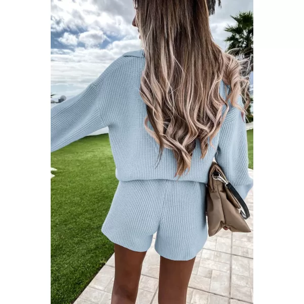 PRETTYGARDEN Womens 2 Piece Outfits 2024 Winter Long Sleeve V Neck Knit Pullover And Shorts Sweater Tracksuit SetsSky Blue