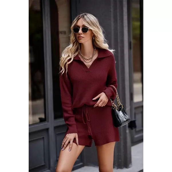 PRETTYGARDEN Womens 2 Piece Outfits 2024 Winter Long Sleeve V Neck Knit Pullover And Shorts Sweater Tracksuit SetsWine Red