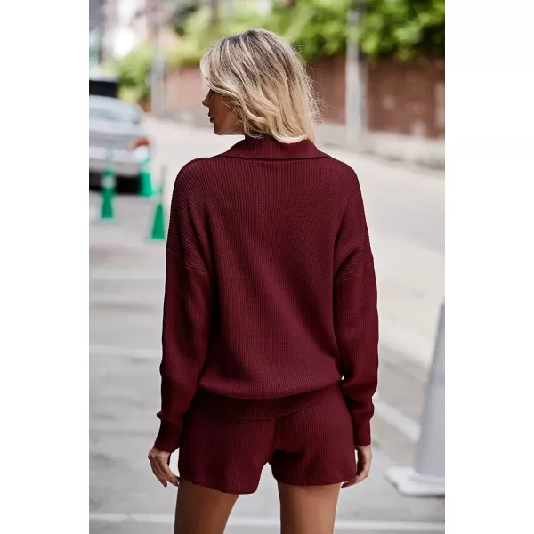 PRETTYGARDEN Womens 2 Piece Outfits 2024 Winter Long Sleeve V Neck Knit Pullover And Shorts Sweater Tracksuit SetsWine Red