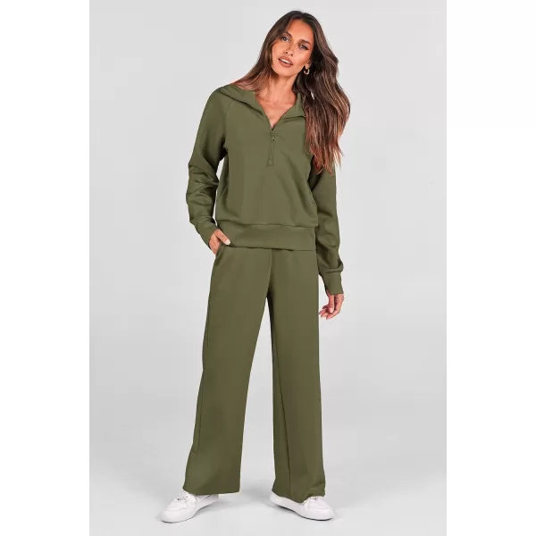 PRETTYGARDEN Womens 2 Piece Outfits Casual Lapel Half Zip Sweatshirts And Wide Leg Pants Tracksuit SetsArmy Green