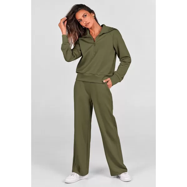 PRETTYGARDEN Womens 2 Piece Outfits Casual Lapel Half Zip Sweatshirts And Wide Leg Pants Tracksuit SetsArmy Green