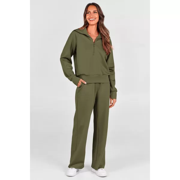 PRETTYGARDEN Womens 2 Piece Outfits Casual Lapel Half Zip Sweatshirts And Wide Leg Pants Tracksuit SetsArmy Green