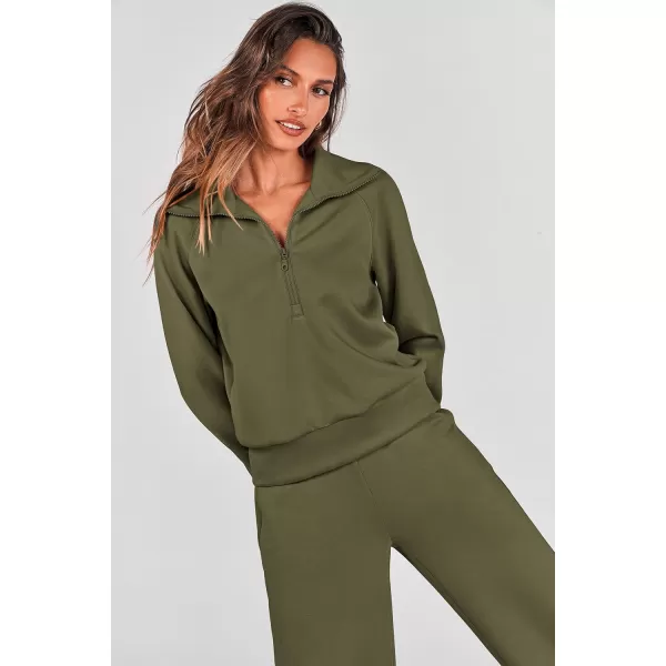 PRETTYGARDEN Womens 2 Piece Outfits Casual Lapel Half Zip Sweatshirts And Wide Leg Pants Tracksuit SetsArmy Green