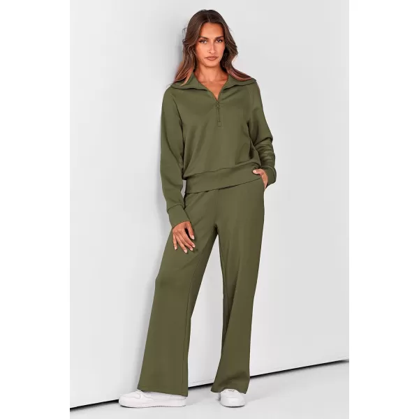 PRETTYGARDEN Womens 2 Piece Outfits Casual Lapel Half Zip Sweatshirts And Wide Leg Pants Tracksuit SetsArmy Green