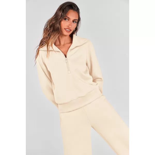 PRETTYGARDEN Womens 2 Piece Outfits Casual Lapel Half Zip Sweatshirts And Wide Leg Pants Tracksuit SetsBeige