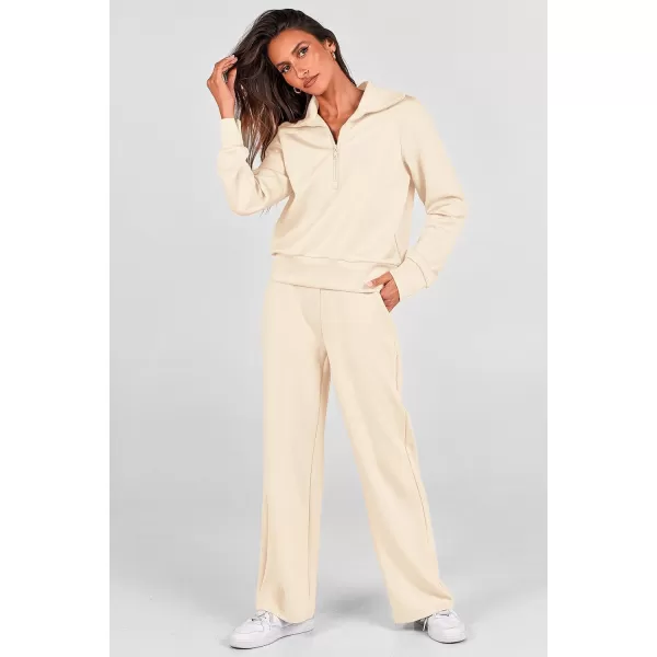 PRETTYGARDEN Womens 2 Piece Outfits Casual Lapel Half Zip Sweatshirts And Wide Leg Pants Tracksuit SetsBeige