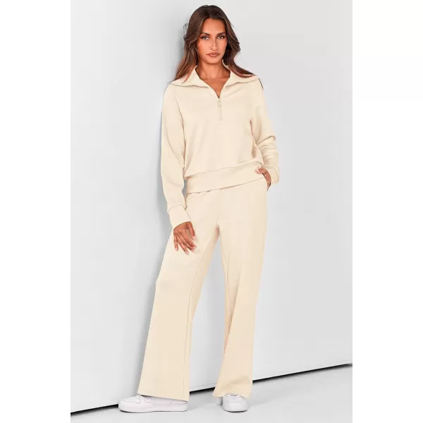 PRETTYGARDEN Womens 2 Piece Outfits Casual Lapel Half Zip Sweatshirts And Wide Leg Pants Tracksuit SetsBeige
