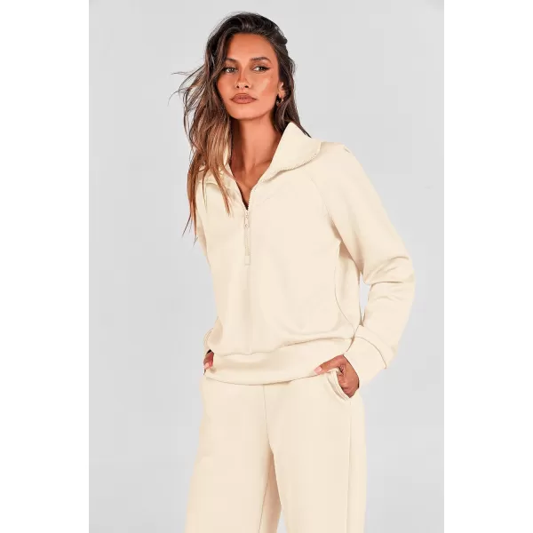 PRETTYGARDEN Womens 2 Piece Outfits Casual Lapel Half Zip Sweatshirts And Wide Leg Pants Tracksuit SetsBeige
