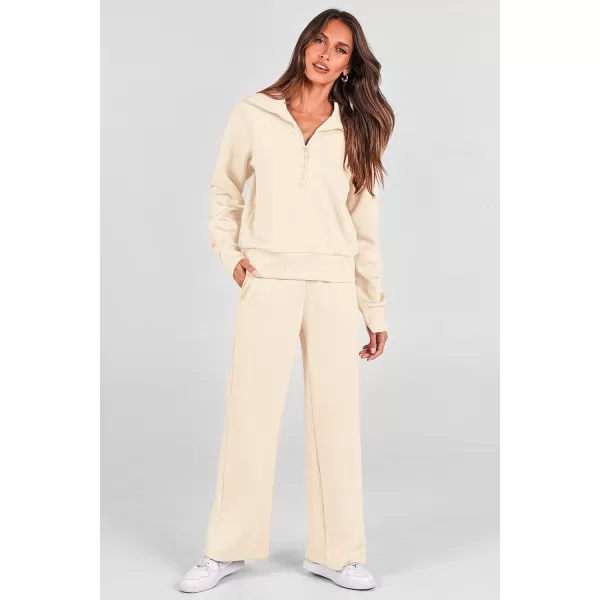 PRETTYGARDEN Womens 2 Piece Outfits Casual Lapel Half Zip Sweatshirts And Wide Leg Pants Tracksuit SetsBeige