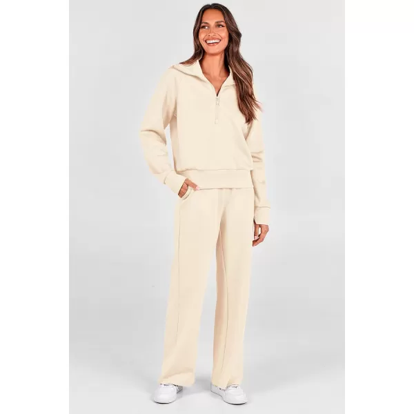 PRETTYGARDEN Womens 2 Piece Outfits Casual Lapel Half Zip Sweatshirts And Wide Leg Pants Tracksuit SetsBeige