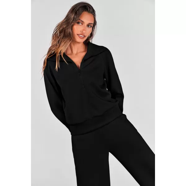 PRETTYGARDEN Womens 2 Piece Outfits Casual Lapel Half Zip Sweatshirts And Wide Leg Pants Tracksuit SetsBlack