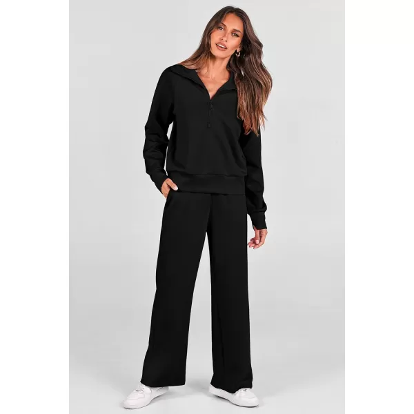 PRETTYGARDEN Womens 2 Piece Outfits Casual Lapel Half Zip Sweatshirts And Wide Leg Pants Tracksuit SetsBlack