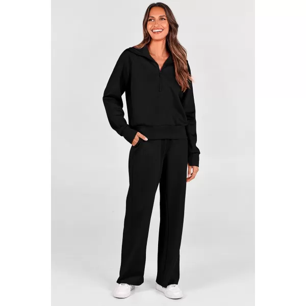 PRETTYGARDEN Womens 2 Piece Outfits Casual Lapel Half Zip Sweatshirts And Wide Leg Pants Tracksuit SetsBlack
