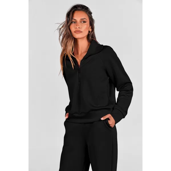 PRETTYGARDEN Womens 2 Piece Outfits Casual Lapel Half Zip Sweatshirts And Wide Leg Pants Tracksuit SetsBlack