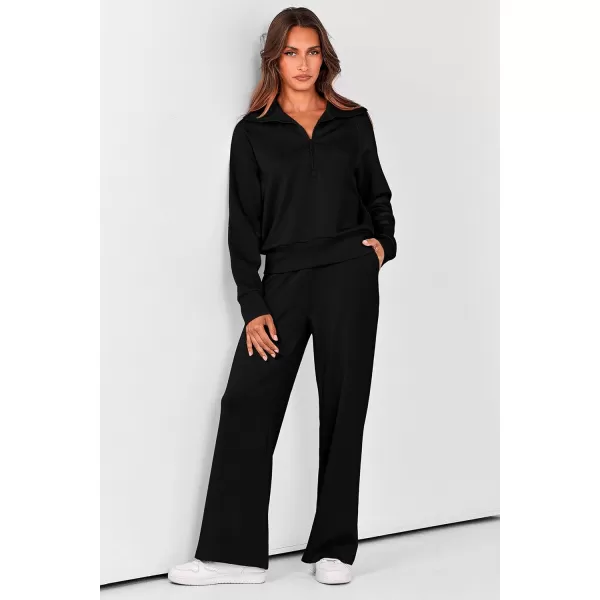 PRETTYGARDEN Womens 2 Piece Outfits Casual Lapel Half Zip Sweatshirts And Wide Leg Pants Tracksuit SetsBlack