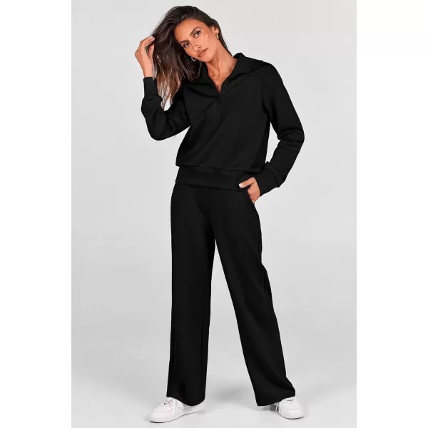 PRETTYGARDEN Womens 2 Piece Outfits Casual Lapel Half Zip Sweatshirts And Wide Leg Pants Tracksuit SetsBlack