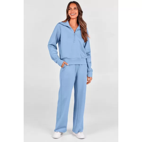 PRETTYGARDEN Womens 2 Piece Outfits Casual Lapel Half Zip Sweatshirts And Wide Leg Pants Tracksuit SetsBlue