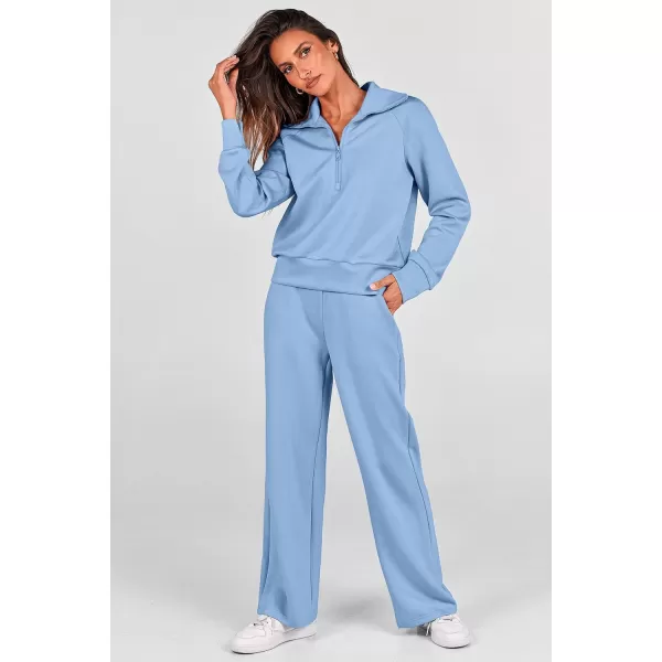 PRETTYGARDEN Womens 2 Piece Outfits Casual Lapel Half Zip Sweatshirts And Wide Leg Pants Tracksuit SetsBlue