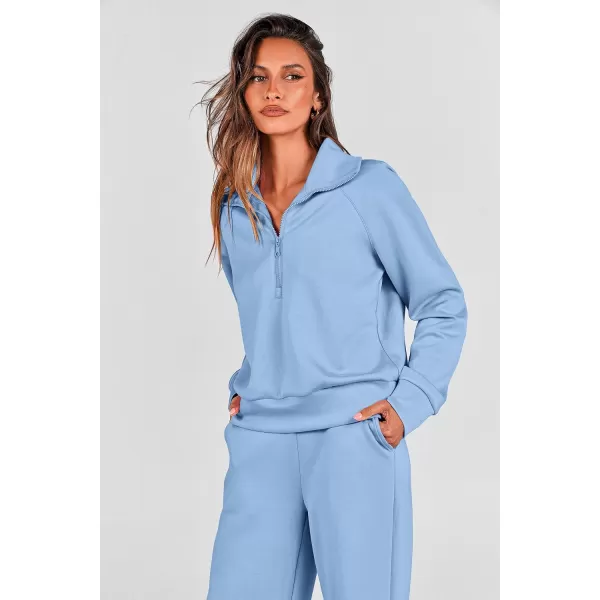 PRETTYGARDEN Womens 2 Piece Outfits Casual Lapel Half Zip Sweatshirts And Wide Leg Pants Tracksuit SetsBlue