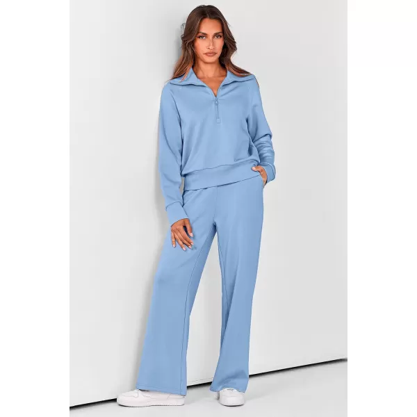 PRETTYGARDEN Womens 2 Piece Outfits Casual Lapel Half Zip Sweatshirts And Wide Leg Pants Tracksuit SetsBlue