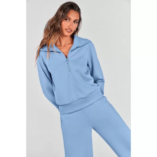 PRETTYGARDEN Womens 2 Piece Outfits Casual Lapel Half Zip Sweatshirts And Wide Leg Pants Tracksuit SetsBlue