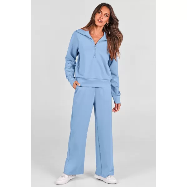 PRETTYGARDEN Womens 2 Piece Outfits Casual Lapel Half Zip Sweatshirts And Wide Leg Pants Tracksuit SetsBlue