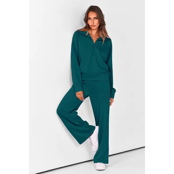 PRETTYGARDEN Womens 2 Piece Outfits Casual Lapel Half Zip Sweatshirts And Wide Leg Pants Tracksuit SetsBlue Green