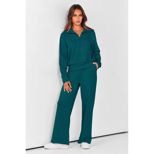 PRETTYGARDEN Womens 2 Piece Outfits Casual Lapel Half Zip Sweatshirts And Wide Leg Pants Tracksuit SetsBlue Green