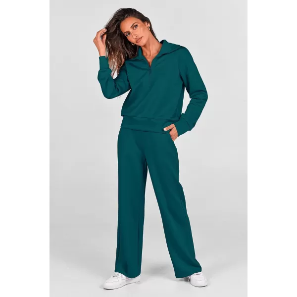 PRETTYGARDEN Womens 2 Piece Outfits Casual Lapel Half Zip Sweatshirts And Wide Leg Pants Tracksuit SetsBlue Green