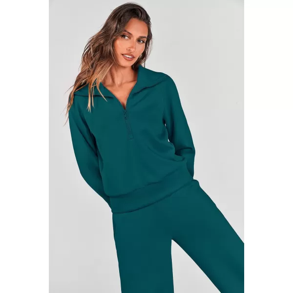 PRETTYGARDEN Womens 2 Piece Outfits Casual Lapel Half Zip Sweatshirts And Wide Leg Pants Tracksuit SetsBlue Green