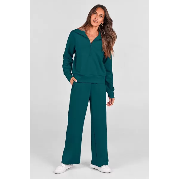 PRETTYGARDEN Womens 2 Piece Outfits Casual Lapel Half Zip Sweatshirts And Wide Leg Pants Tracksuit SetsBlue Green