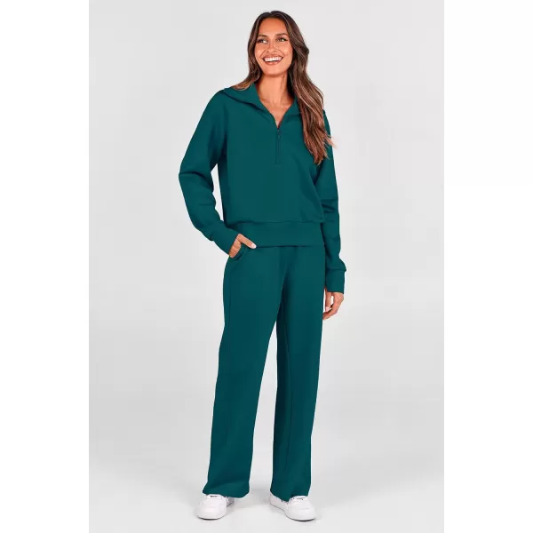 PRETTYGARDEN Womens 2 Piece Outfits Casual Lapel Half Zip Sweatshirts And Wide Leg Pants Tracksuit SetsBlue Green